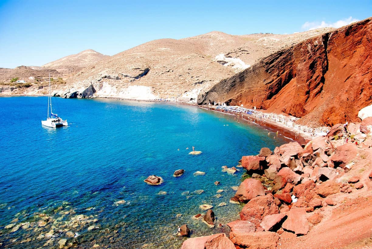Red Beach with volcanic red cliffs and turquoise water