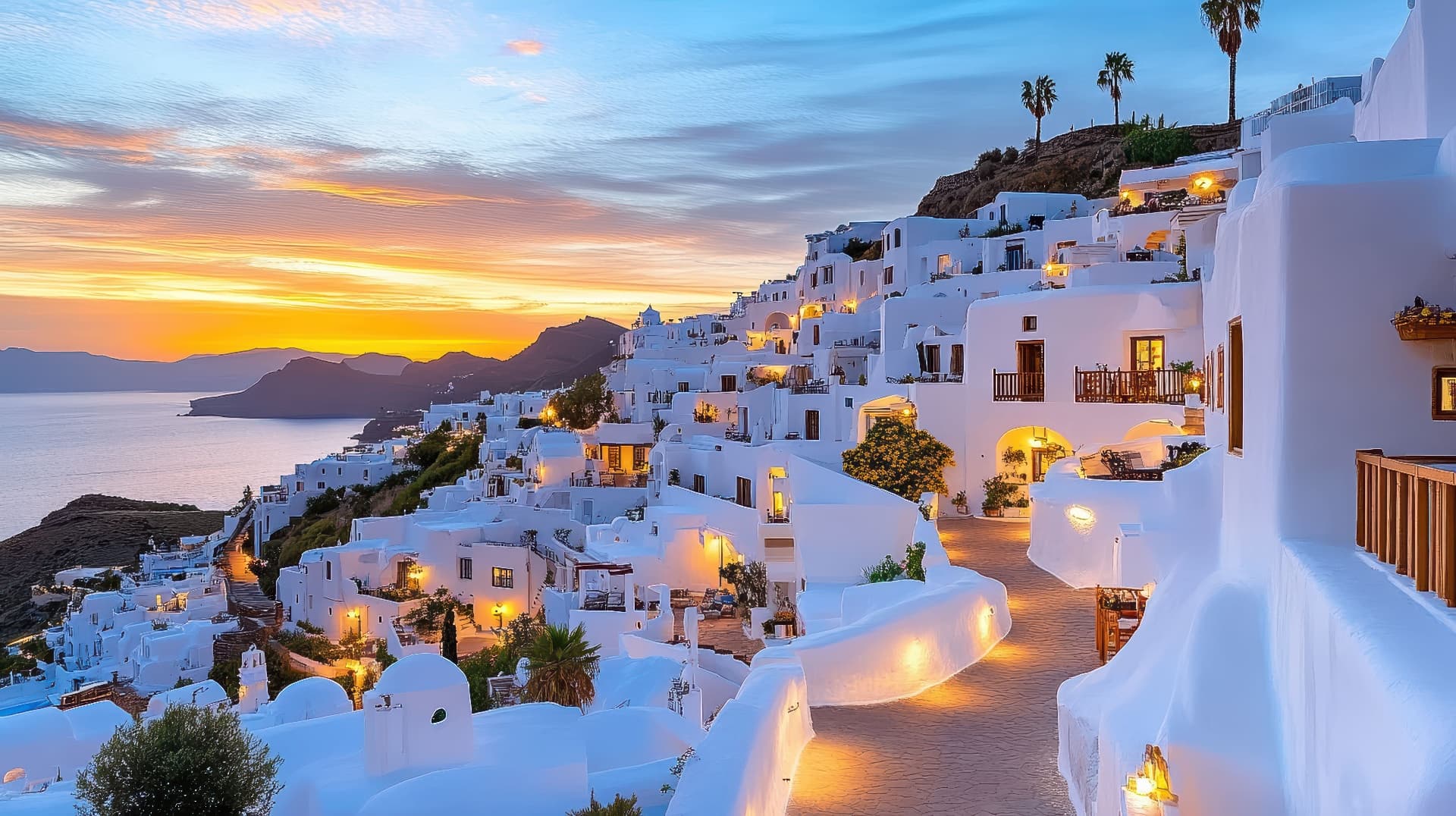 Santorini white village illuminated at sunset