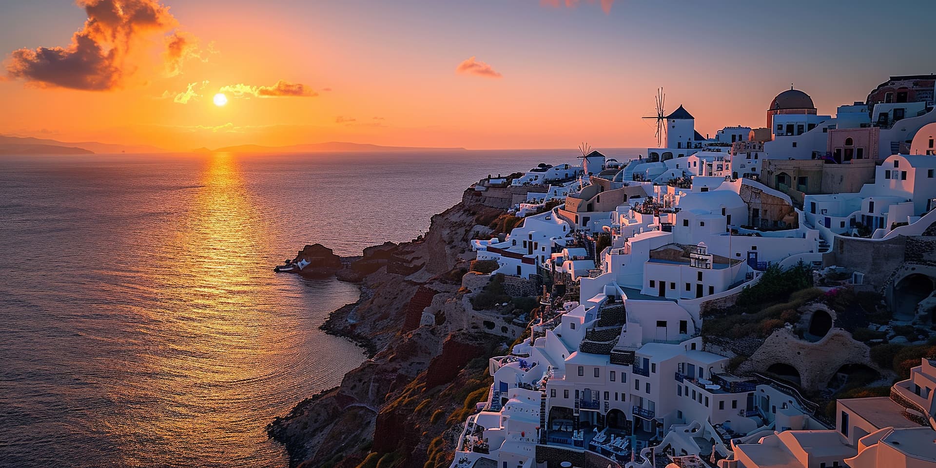 Santorini Thira island dramatic sunset over caldera