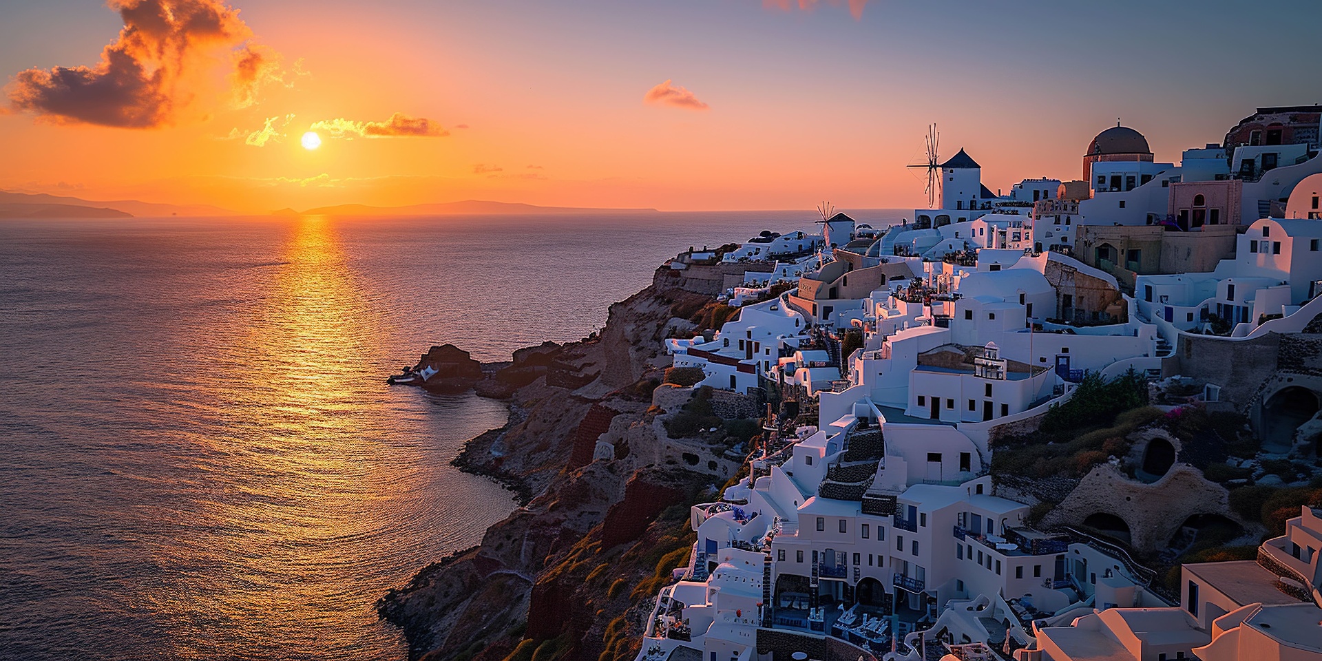 Santorini Thira island dramatic sunset over caldera
